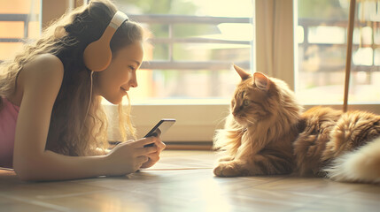 Spending your free time at home with your cat teenage girl in headphones with mobile phone lies on floor in living room near large window with fluffy Maine Coon cat listens music : Generative AI