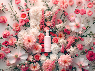 Cosmetic product embedded in a full floral circle of flowers in subtle white, pink and rose colors