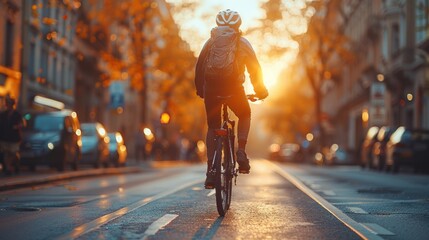 People are cycling at sunset on a city street after work activities