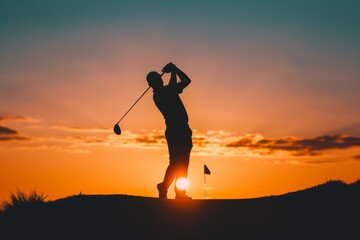 Silhouette of man playing golf at sunset, silhouette photography Generative AI