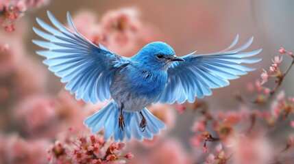 Majestic bluebird in flight among blossoms