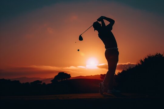 A silhouette of an athlete playing golf at sunset, captured in the golden hour light The scene is set against a dark background with silhouettes of trees and distant hills Generative AI