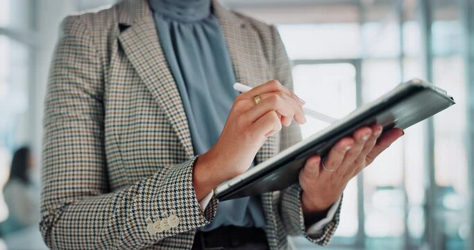 Business hands, tablet and pen for online sketch, drawing and planning on software at creative agency. Person, worker or graphic designer scroll on digital technology for art, website or project