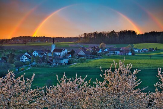 Blossoming cherry trees, evening mood with rainbow, village view Kilchberg, canton Basel-Landschaft, Switzerland, Europe