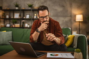 Adult caucasian man sit on sofa and work from home on lap top