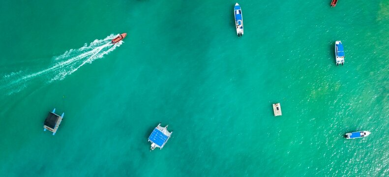 Aerial view, top-down, boats in the sea, Puntarenas, Costa Rica, Central America