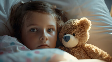 Little girl after chemotherapy with toy bear lying in bed at hospital closeup International Childhood Cancer Day : Generative AI