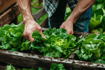 Gardening man planting organic lettuce and herbs