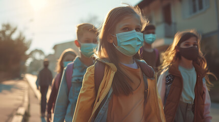 Obraz premium Group of positive children in masks walking together on the street : Generative AI