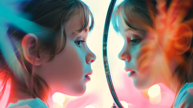 Creative conceptual collage Young woman looking in mirror and seeing her little self Back to childhood memories Concept of present past and future age lifestyle emotions generation ad : Generative AI