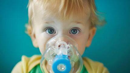 Treatment pneumonia with nebulizer Portrait Baby has respiratory infection or bronchitis and is breathing heavily Blond caucasian child with asthma problems does inhalation with mask o : Generative AI