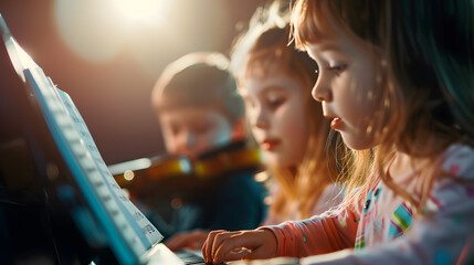 Children learning instruments in music school in musical education class : Generative AI