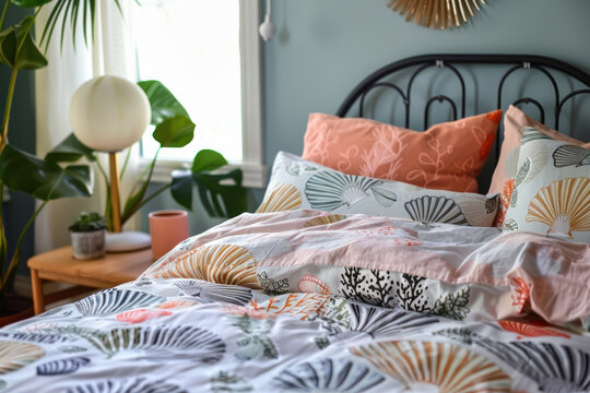 stylish bedroom with botanical and shell pattern bedding and vibrant houseplants