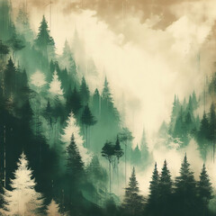 sfondo artistico acquerello di bosco verde scuro verderame beige bianco avorio con abeti alberi in luce e ombra con nebbia