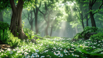 Fototapeta premium Misty Morning Light Filtering Through Green Forest, Sunbeams Dancing on the Woodland Floor