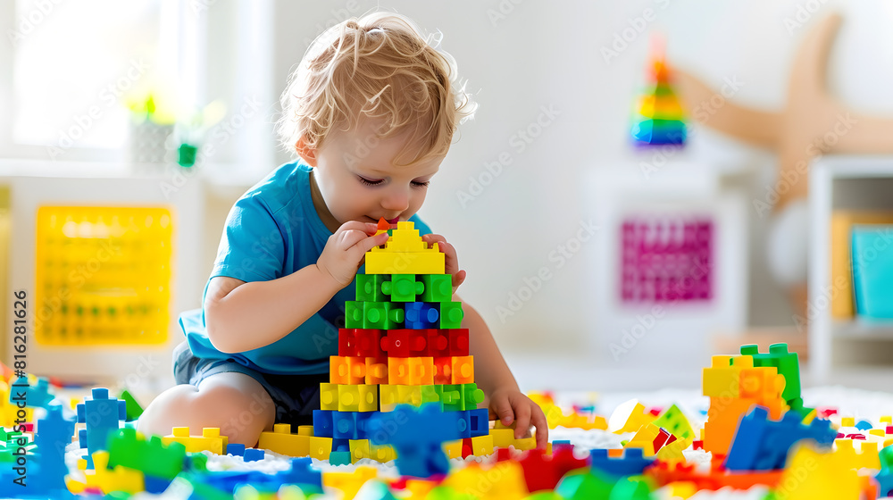 Poster kid playing with colorful toy blocks little boy building tower of block toys educational and creativ