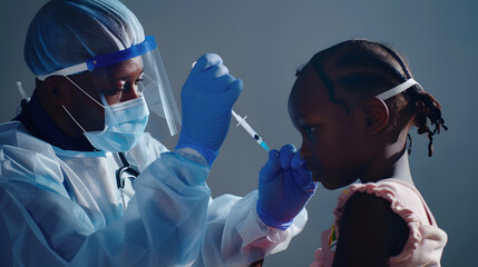 Competent male pediatrician in medical mask and gloves making Covid19 vaccination in shoulder of little african girl Concept of immunisation protection and medicine : Generative AI