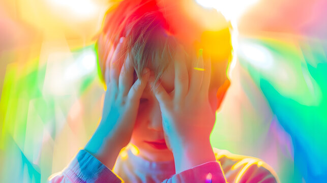 Unhappy kid boy hands hides his face child mental health concept world autism awareness day teen autism spectrum disorder awareness concept : Generative AI