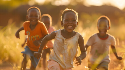 Group of African Little Children Running Towards the Camera and Laughing in Rural Village Black Kids Full of Life and Joy Enjoying their Childhood and Playing Together Little Faces wit : Generative AI