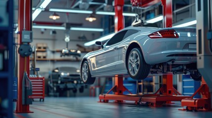 car maintenance service in the car repair and service center, car in auto repair shop garage, car repair station, workshop of a car service
