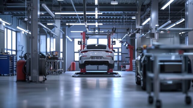car maintenance service in the car repair and service center, car in auto repair shop garage, car repair station, workshop of a car service