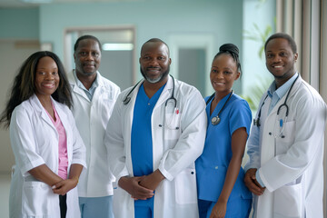 Photography of jamaican team of professional workers in a hospital.	