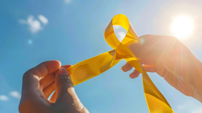Hands holding yellow gold ribbon over blue sky Sarcoma Awareness Bone cancer childhood cancer awareness September yellow World Suicide Prevention Day endometriosis day concept : Generative AI