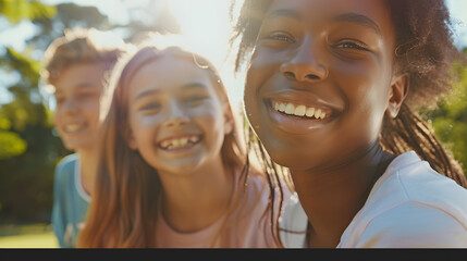 Close up of preteen friends in a park smiling to camera : Generative AI