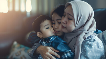 Asian Muslim mom embraces and kiss son sitting on couch in living room : Generative AI - Powered by Adobe
