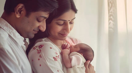 Portrait of Indian parents with newborn baby Young asian couple holding little baby in hand Beautiful family Parenthood : Generative AI