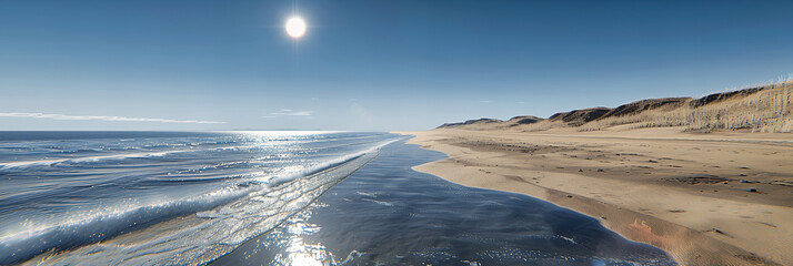 Naklejka premium Panoramic View of a Frozen Lake Against a Sunset, Serene Winter Landscape with Reflective Ice