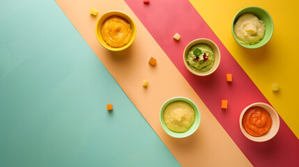 Bowls with healthy baby food on color background : Generative AI