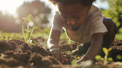 Midsection of african american boy playing with ground in garden copy space lifestyle childhood gardening and hobbies : Generative AI - Powered by Adobe