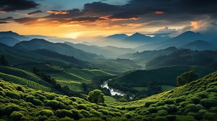 A breathtaking photo of a stunning sunset over a tea plantation in the mountains. The sky is ablaze with color, with shades of orange, pink, and purple swirling together.