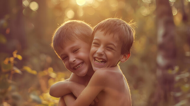 Two happy boys happy brothers who are smiling happily together Brothers play outdoors in summer best friends Little brother with brother on his back Two brothers in the woods Fraternal : Generative AI