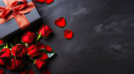 Bouquet of Red Roses and Gift Box With Red Ribbon on Dark Background