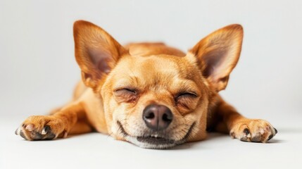 Obraz premium smiling dog lying down on a white background, looking content and relaxed, perfectly capturing a moment of pure happiness.