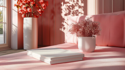 Warm sunlight illuminates a cozy pink living room featuring a plush sofa, vibrant red flowers in a tall vase, and a delicate pink bush in a white pot beside stacked books on a soft fabric surface.