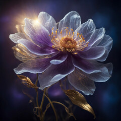 Dream purple and blue translucent flower with golden leaves, glowing with an inner light	