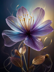 Dream purple and blue translucent flower with golden leaves, glowing with an inner light	
