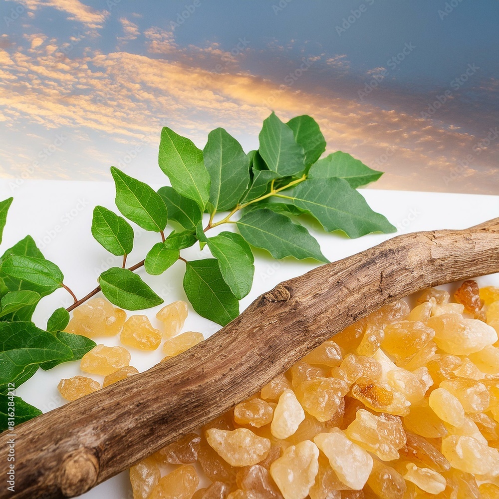 Aufkleber branch of frankincense tree with leaves and resin blank area for duplication
