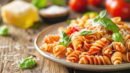 plate of whole-grain pasta with a fresh tomato and basil sauce, garnished with Parmesan cheese and basil leaves, set on a rustic wooden table.