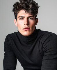 Obraz premium Handsome young man with wavy hair wearing a black turtleneck, featuring intense eyes, clear complexion, and a serious expression against a neutral studio background.