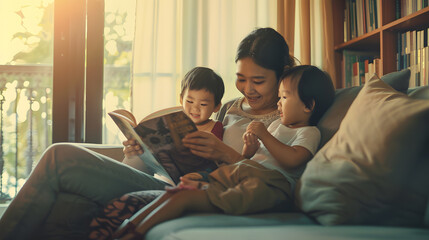 Fototapeta premium Recall the past life memories Happy time Mothers day grown up kid child joy fun look at old retro photo album with mature mum Asia adult people middle age mom smile enjoy relax sitting : Generative AI