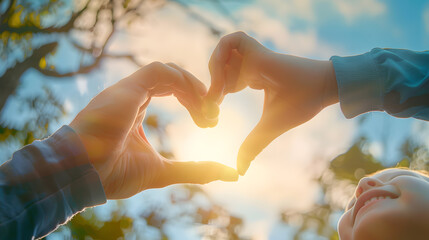 International human solidarity day concept Father and son hands forming shape of heart on blurred sunshine blue sky background : Generative AI