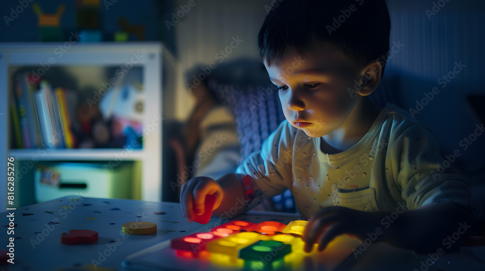 Poster the boy is playing in his room educational game learning shapes and colors a child plays with a sort