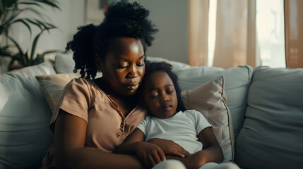 Black African mother embrace little preschool frustrated kid sitting on couch together at home American loving mother supports disappointed daughter sympathizing making peace after sco : Generative AI