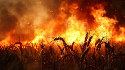 wheat crop on fire with smoke during the day in high resolution and high quality. concept crops,...
