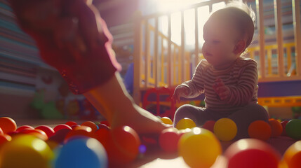Activity in kindergarten for small kids Baby playing with babysitter : Generative AI