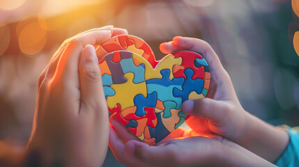 Adult and chiild hands holding jigsaw puzzle heart shape Autism awareness Autism spectrum disorder family support concept World Autism Awareness Day : Generative AI